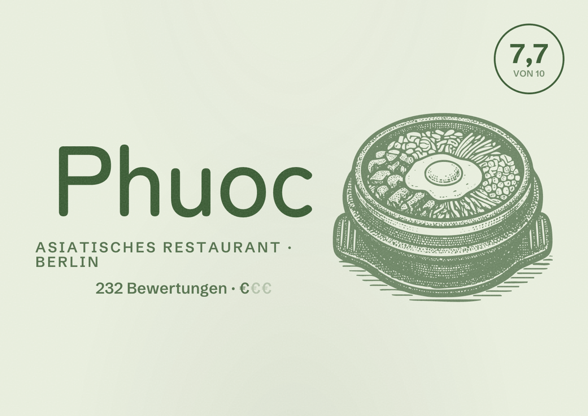 Illustriertes Poster von Phuoc, Asiatisches Restaurant in Berlin: Bewertung 7,7 von 10 aus 232 Bewertungen, Preisniveau €