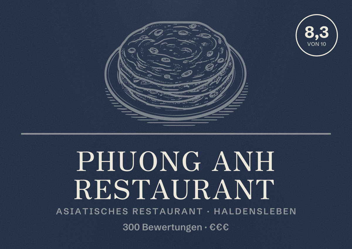 Illustriertes Poster von Phuong Anh Restaurant, Asiatisches Restaurant in Haldensleben: Bewertung 8,3 von 10 aus 300 Bewertungen, Preisniveau €€€