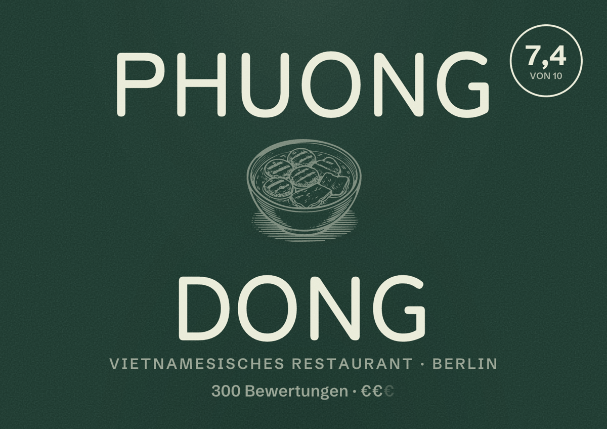 Illustriertes Poster von Phuong Dong, Vietnamesisches Restaurant in Berlin: Bewertung 7,4 von 10 aus 300 Bewertungen, Preisniveau €€