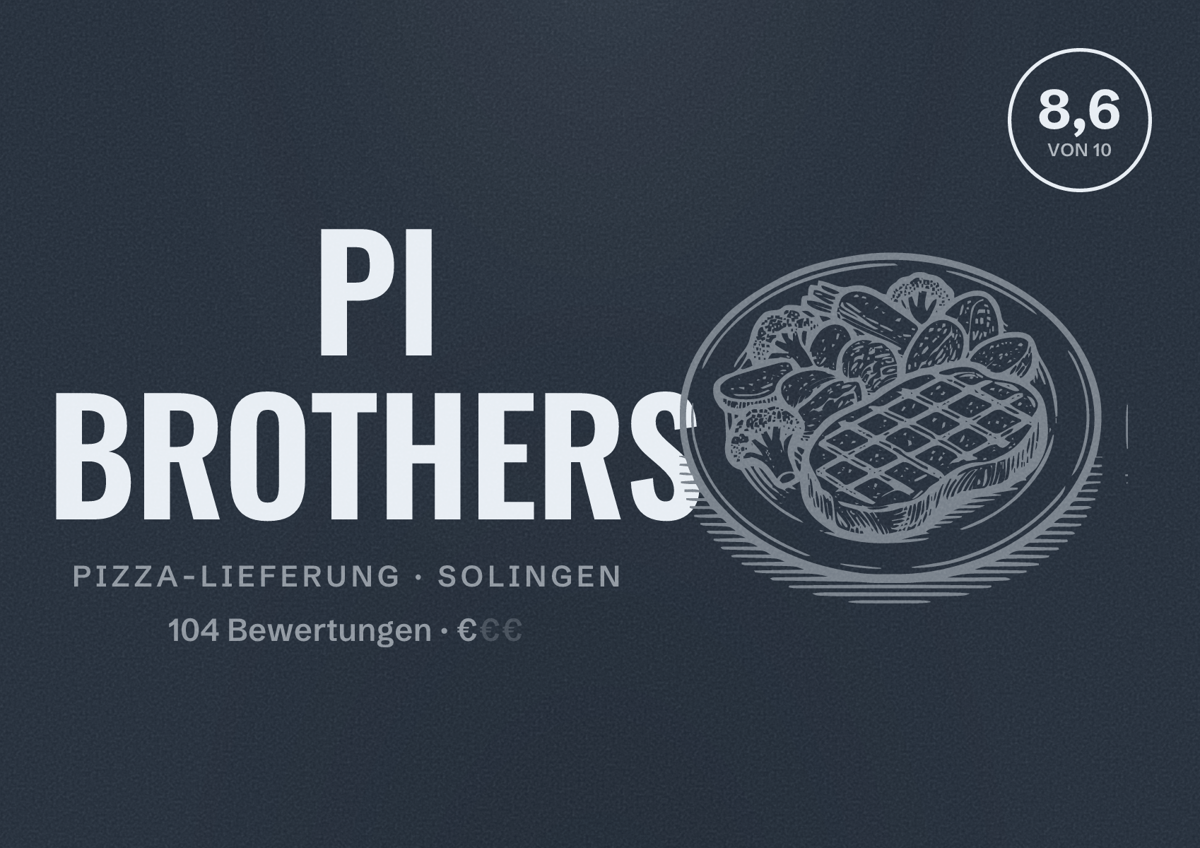 Illustriertes Poster von PI BROTHERS, Pizza-Lieferung in Solingen: Bewertung 8,6 von 10 aus 104 Bewertungen, Preisniveau €