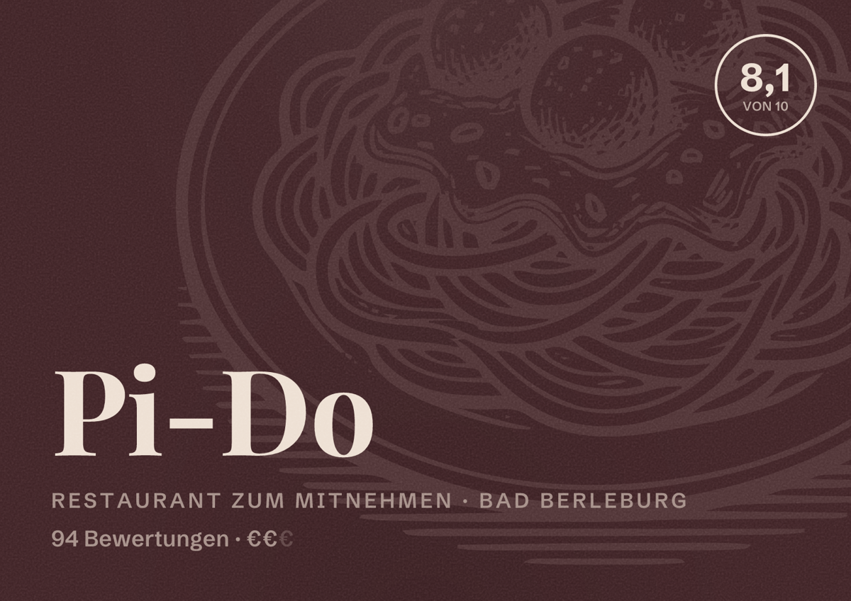 Illustriertes Poster von Pi-Do, Restaurant zum Mitnehmen in Bad Berleburg: Bewertung 8,1 von 10 aus 94 Bewertungen, Preisniveau €€