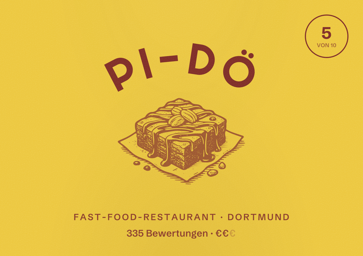 Illustriertes Poster von Pi-dö, Fast-Food-Restaurant in Dortmund: Bewertung 5 von 10 aus 335 Bewertungen, Preisniveau €€