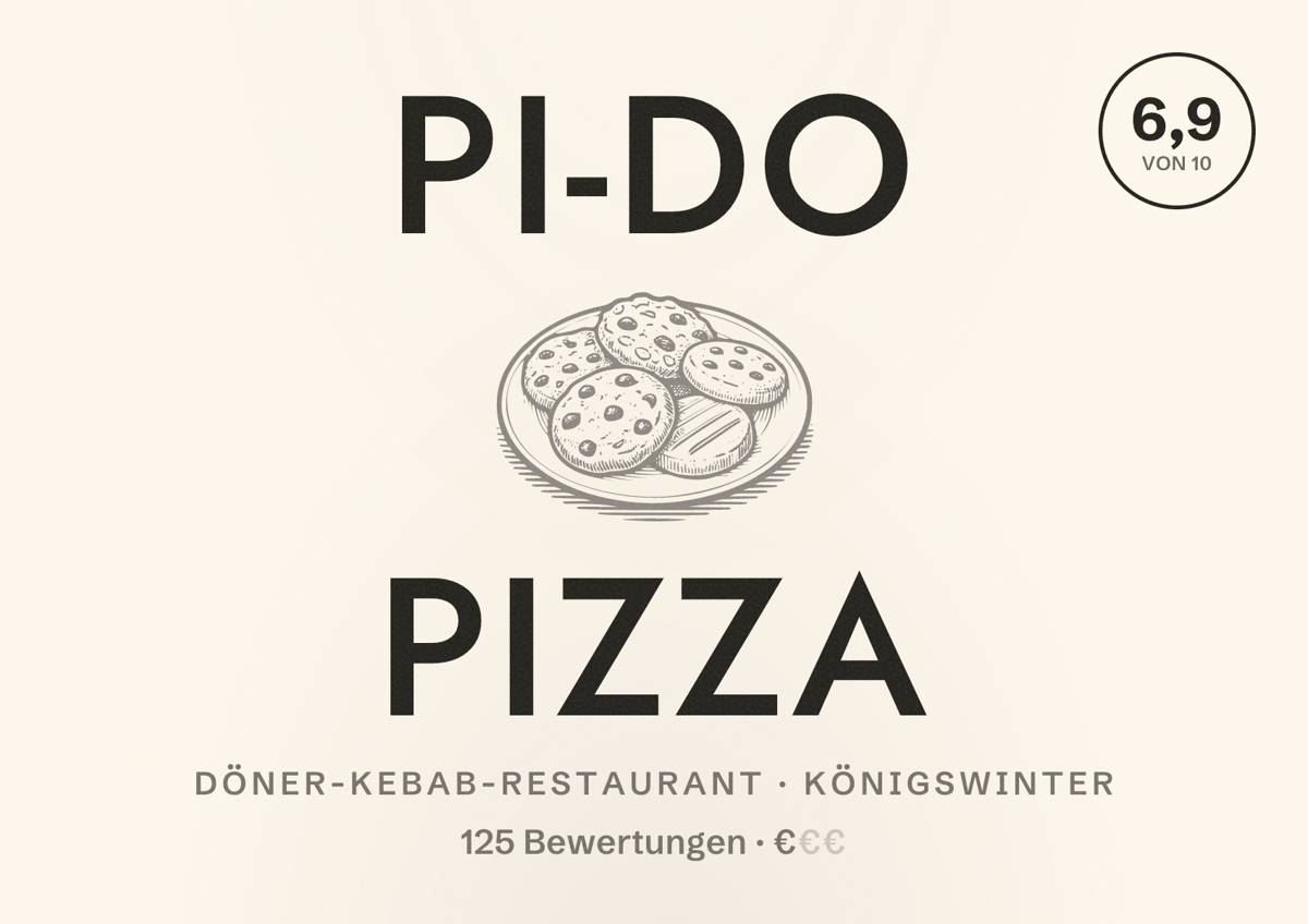 Illustriertes Poster von Pi-Do Pizza, Döner-Kebab-Restaurant in Königswinter: Bewertung 6,9 von 10 aus 125 Bewertungen, Preisniveau €