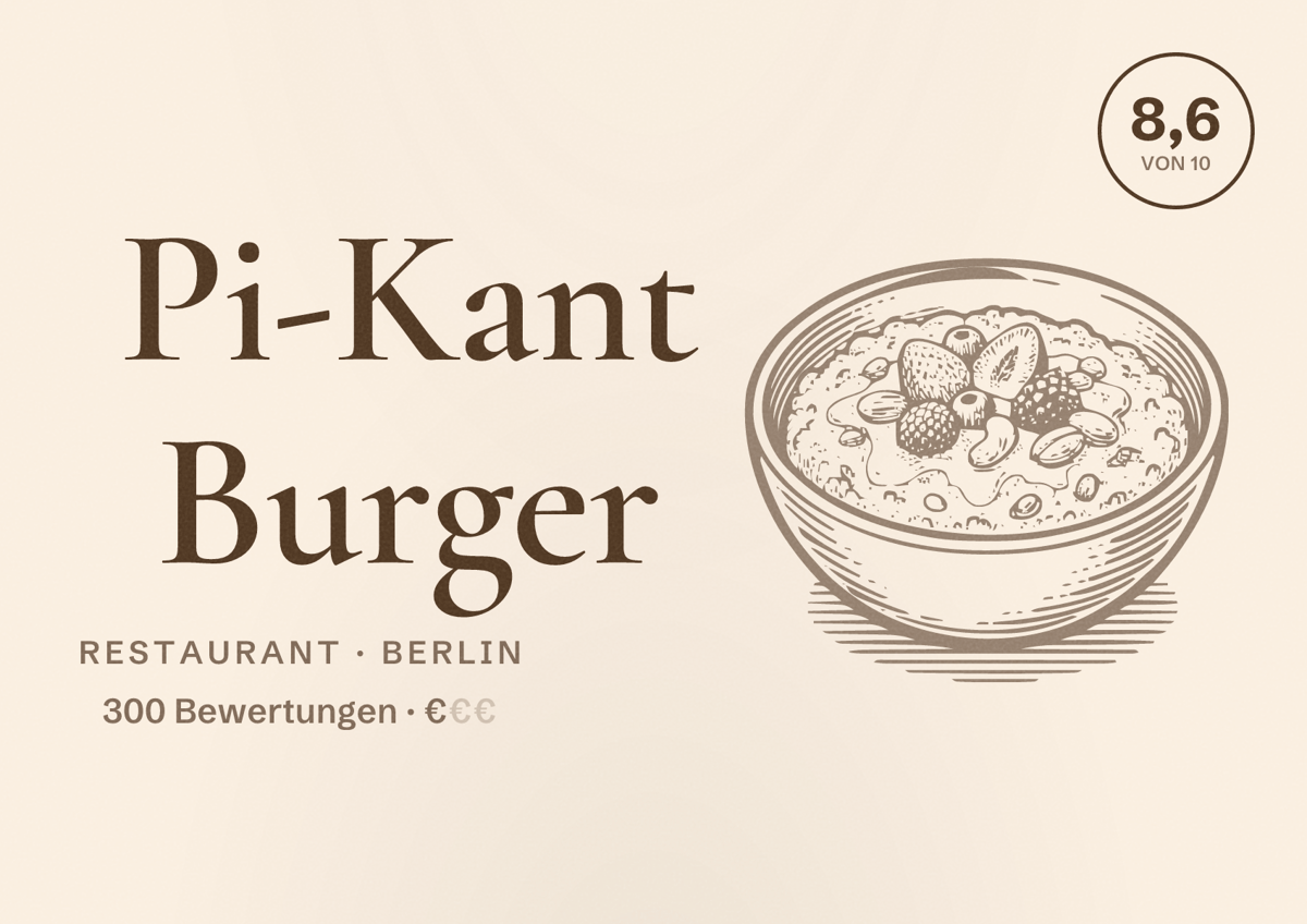 Illustriertes Poster von Pi-Kant Burger, Restaurant in Berlin: Bewertung 8,6 von 10 aus 300 Bewertungen, Preisniveau €