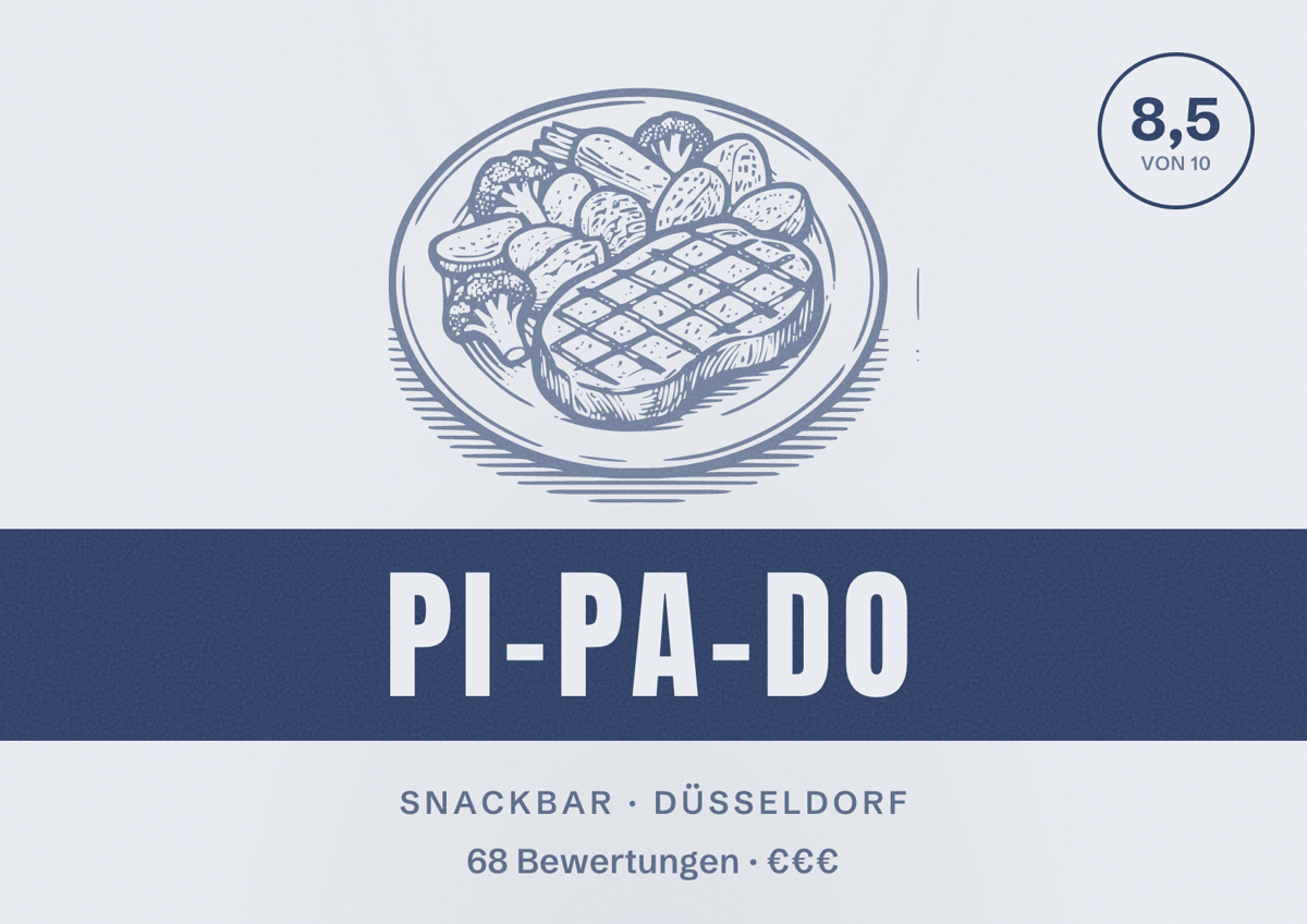 Illustriertes Poster von pi-pa-do, Snackbar in Düsseldorf: Bewertung 8,5 von 10 aus 68 Bewertungen, Preisniveau €€€