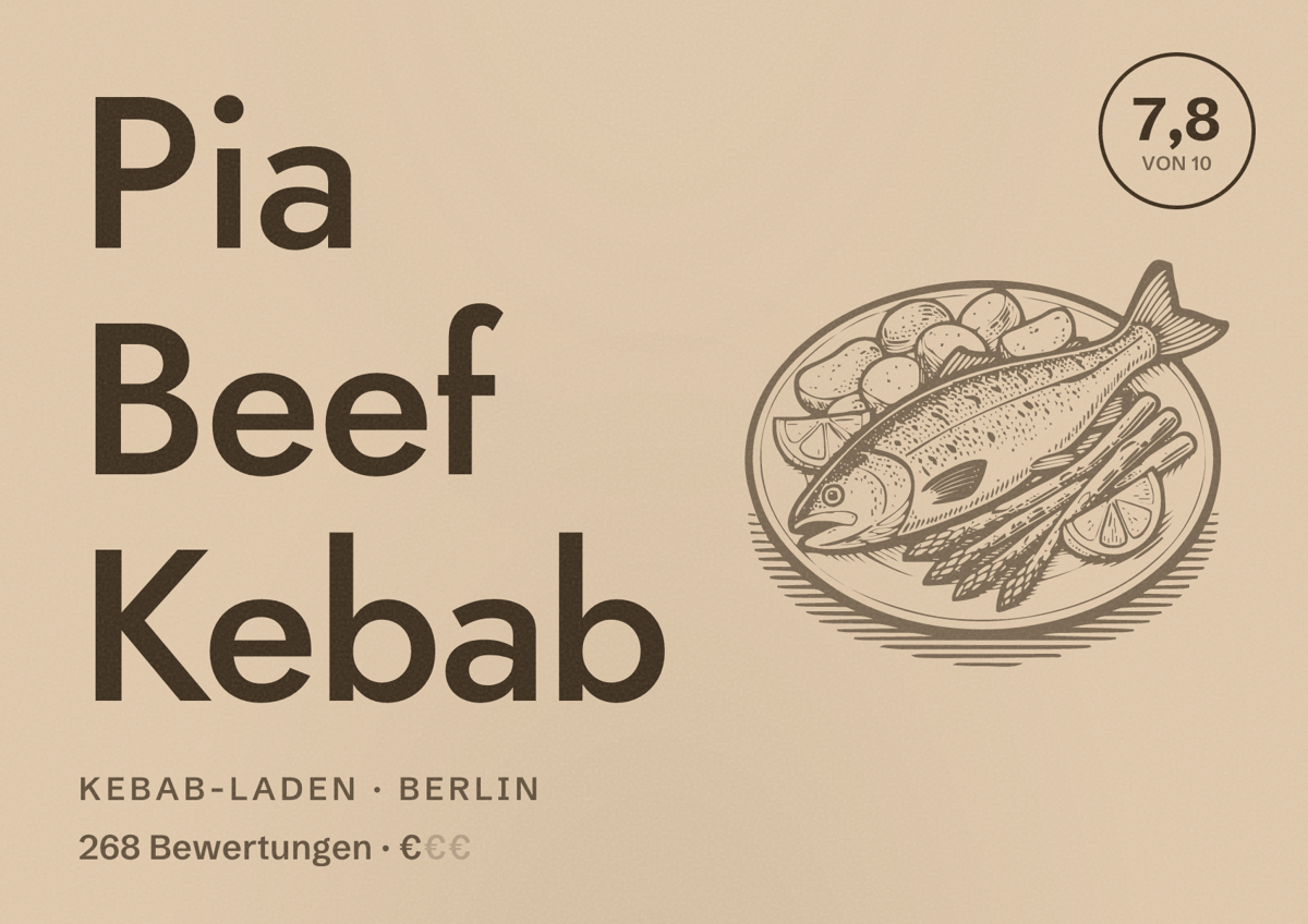 Illustriertes Poster von Pia Beef Kebab, Kebab-Laden in Berlin: Bewertung 7,8 von 10 aus 268 Bewertungen, Preisniveau €