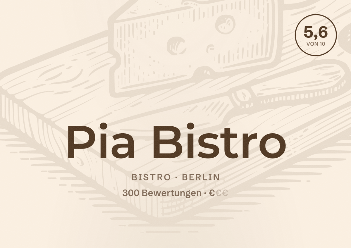 Illustriertes Poster von Pia Bistro, Bistro in Berlin: Bewertung 5,6 von 10 aus 300 Bewertungen, Preisniveau €