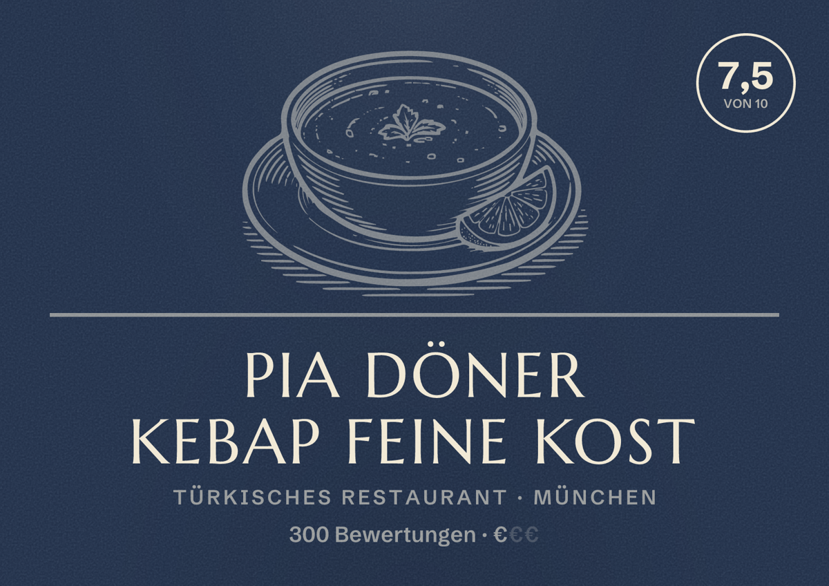 Illustriertes Poster von PIA Döner Kebap feine Kost, Türkisches Restaurant in München: Bewertung 7,5 von 10 aus 300 Bewertungen, Preisniveau €