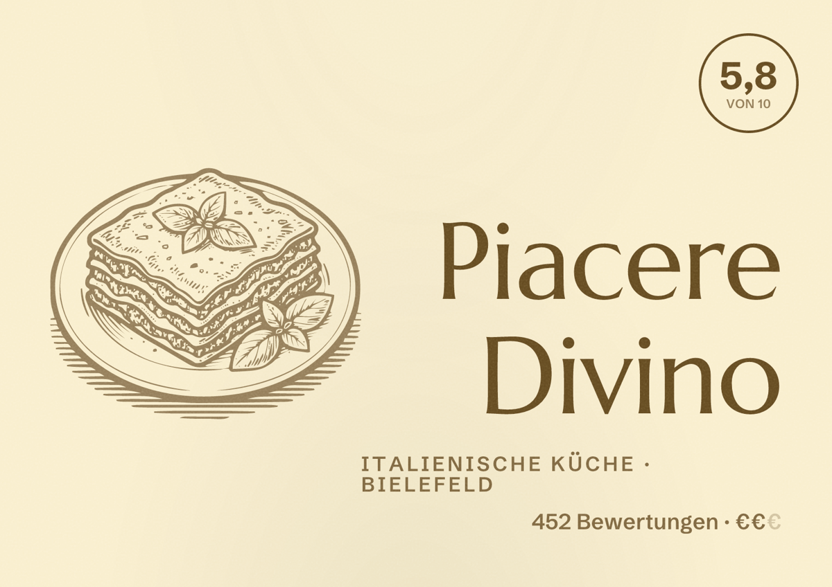 Illustriertes Poster von Piacere Divino, Italienische Küche in Bielefeld: Bewertung 5,8 von 10 aus 452 Bewertungen, Preisniveau €€