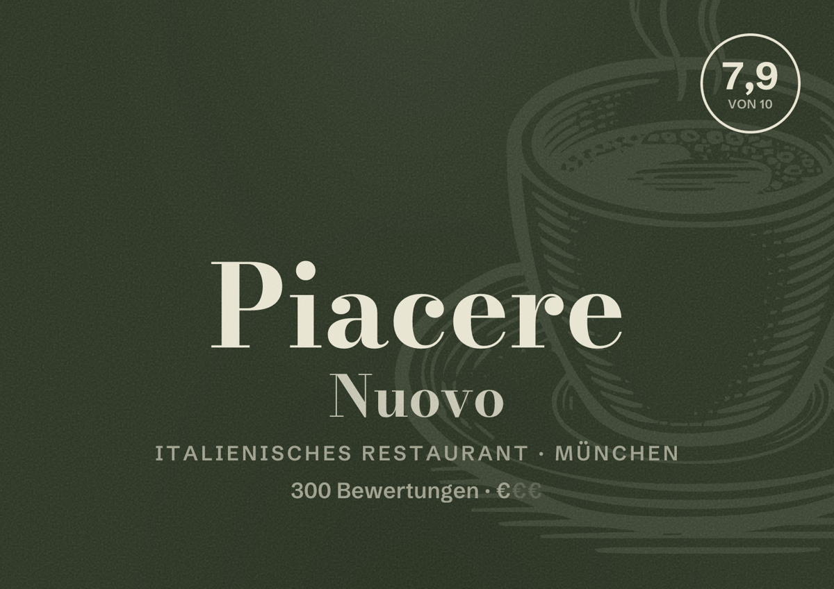 Illustriertes Poster von Piacere Nuovo, Italienisches Restaurant in München: Bewertung 7,9 von 10 aus 300 Bewertungen, Preisniveau €