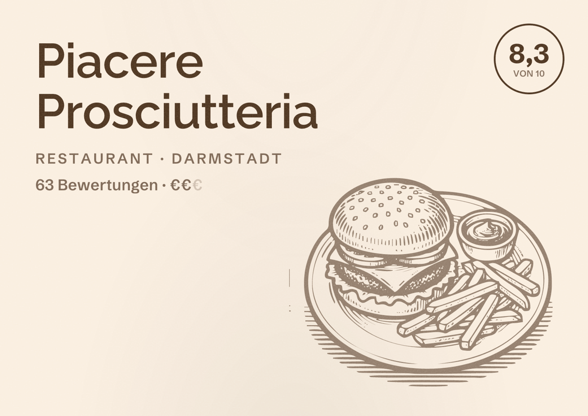 Illustriertes Poster von Piacere Prosciutteria, Restaurant in Darmstadt: Bewertung 8,3 von 10 aus 63 Bewertungen, Preisniveau €€