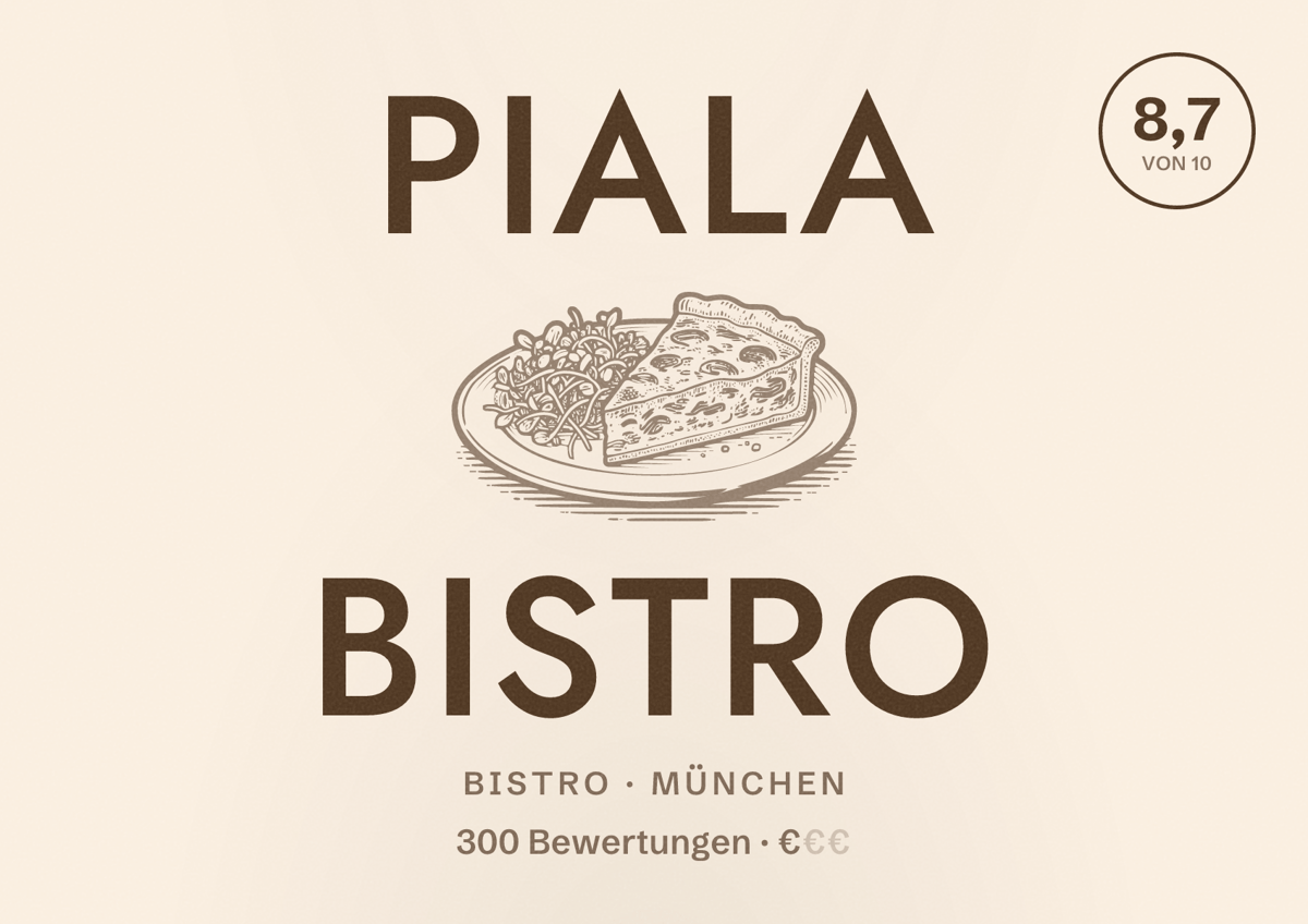 Illustriertes Poster von Piala Bistro, Bistro in München: Bewertung 8,7 von 10 aus 300 Bewertungen, Preisniveau €