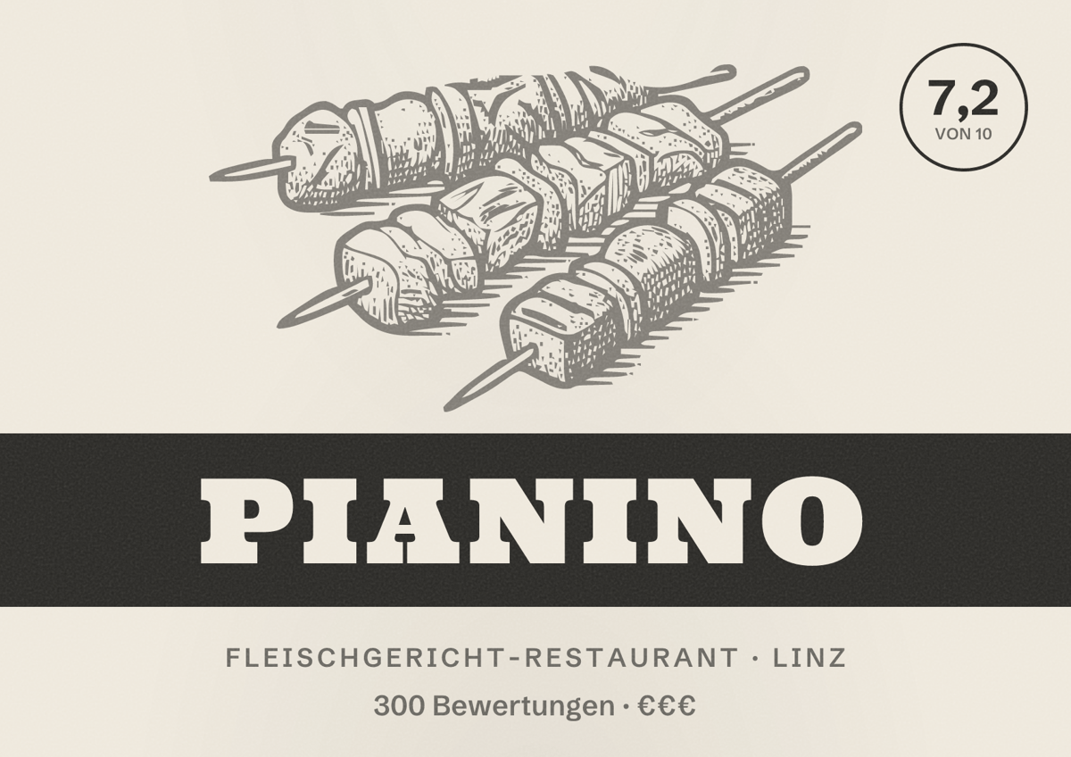 Illustriertes Poster von Pianino, Fleischgericht-Restaurant in Linz: Bewertung 7,2 von 10 aus 300 Bewertungen, Preisniveau €€€