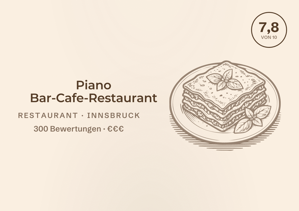 Illustriertes Poster von Piano Bar-Cafe-Restaurant, Restaurant in Innsbruck: Bewertung 7,8 von 10 aus 300 Bewertungen, Preisniveau €€€