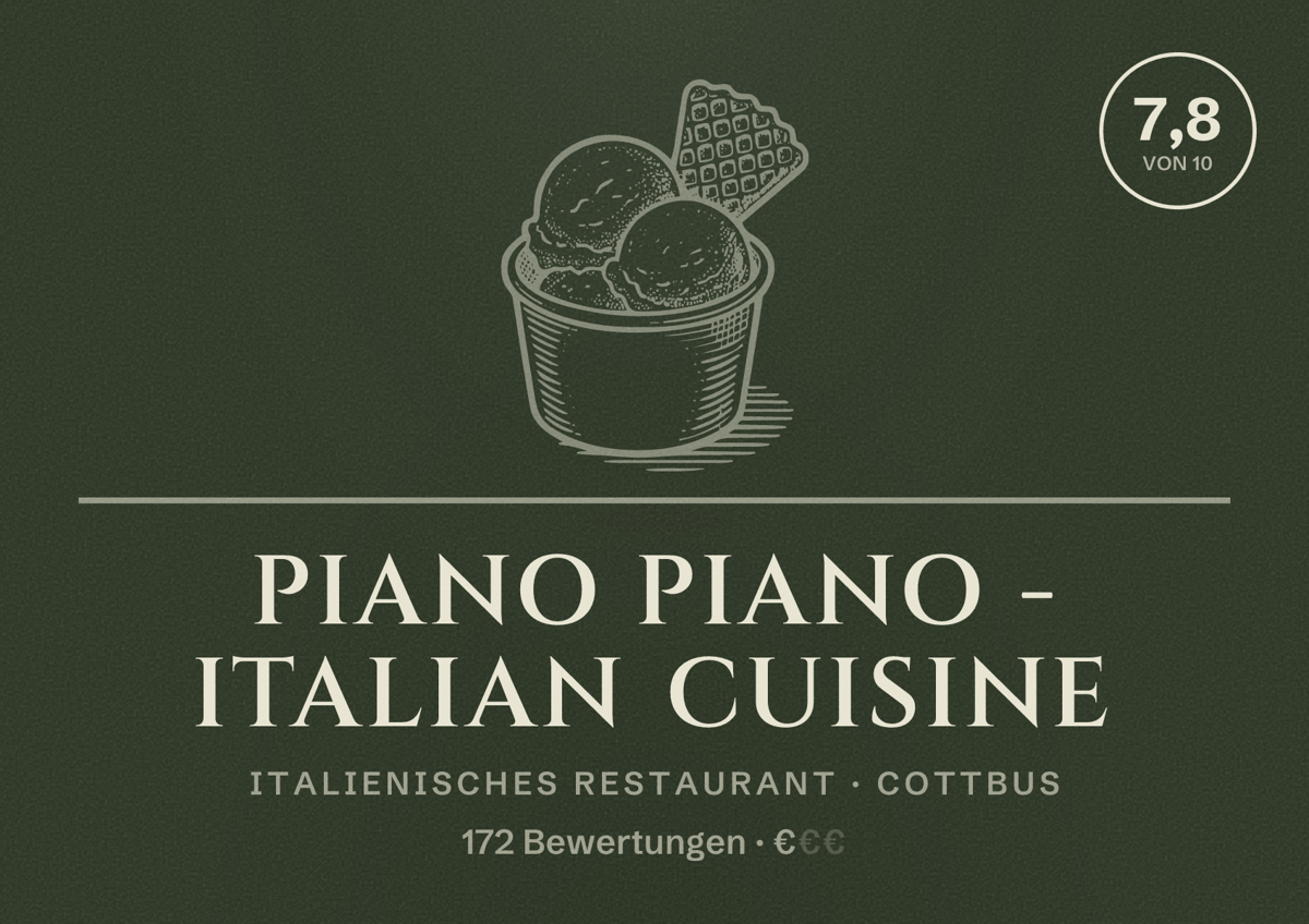 Illustriertes Poster von Piano Piano - Italian Cuisine, Italienisches Restaurant in Cottbus: Bewertung 7,8 von 10 aus 172 Bewertungen, Preisniveau €