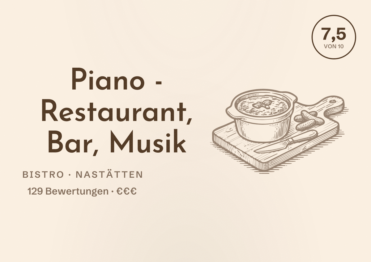 Illustriertes Poster von Piano - Restaurant, Bar, Musik, Bistro in Nastätten: Bewertung 7,5 von 10 aus 129 Bewertungen, Preisniveau €€€