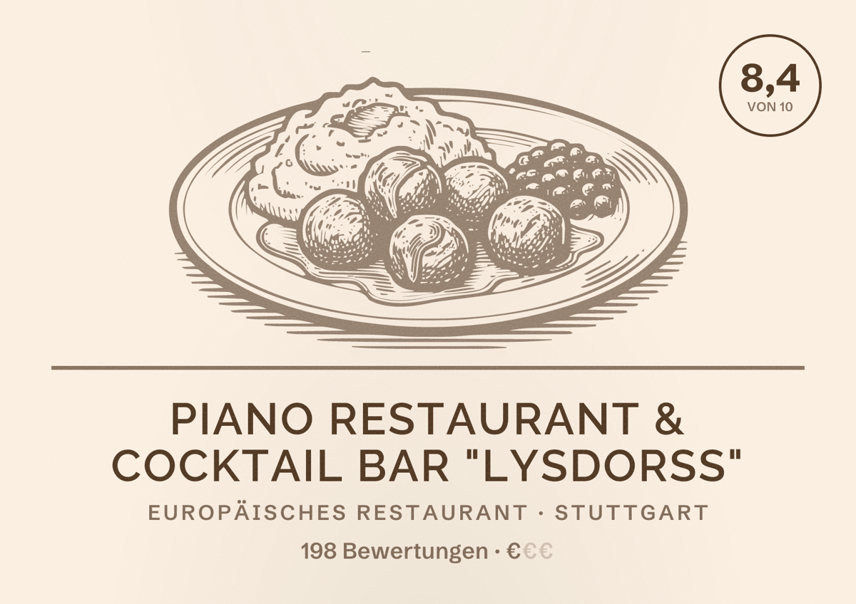 Illustriertes Poster von Piano Restaurant & Cocktail Bar "LYSDORSS", Europäisches Restaurant in Stuttgart: Bewertung 8,4 von 10 aus 198 Bewertungen, Preisniveau €