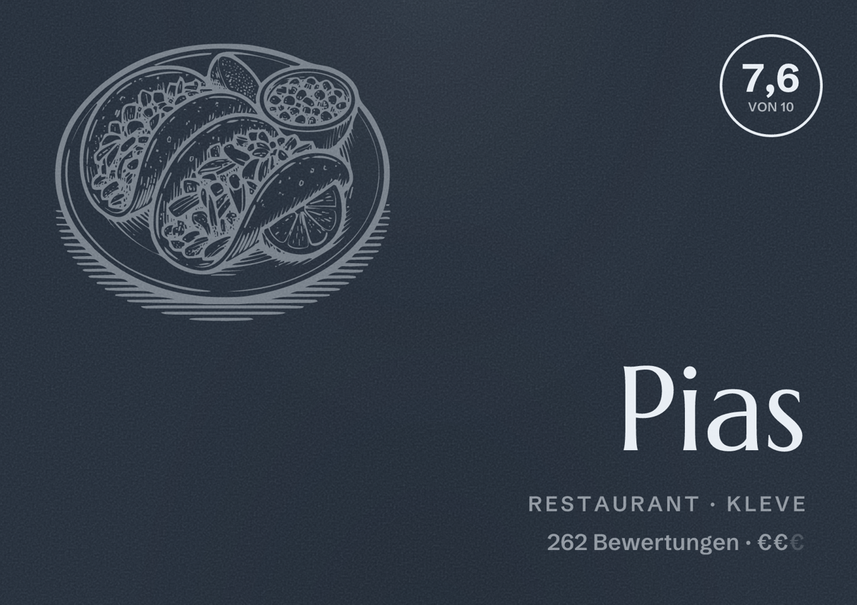 Illustriertes Poster von Pias, Restaurant in Kleve: Bewertung 7,6 von 10 aus 262 Bewertungen, Preisniveau €€