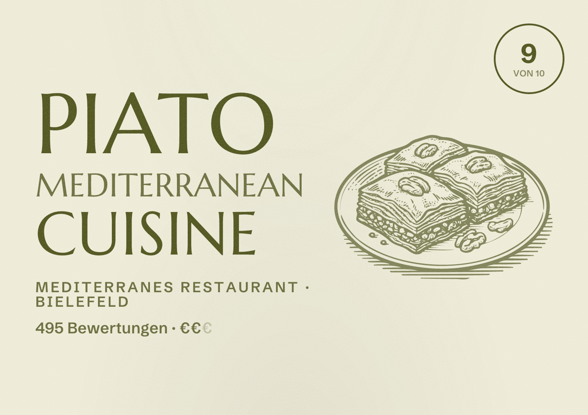 Illustriertes Poster von Piato Mediterranean Cuisine, Mediterranes Restaurant in Bielefeld: Bewertung 9 von 10 aus 495 Bewertungen, Preisniveau €€