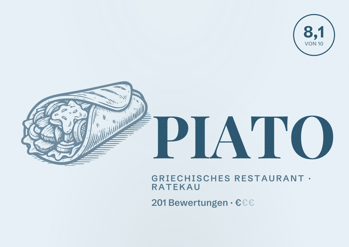 Illustriertes Poster von PIATO, Griechisches Restaurant in Ratekau: Bewertung 8,1 von 10 aus 201 Bewertungen, Preisniveau €