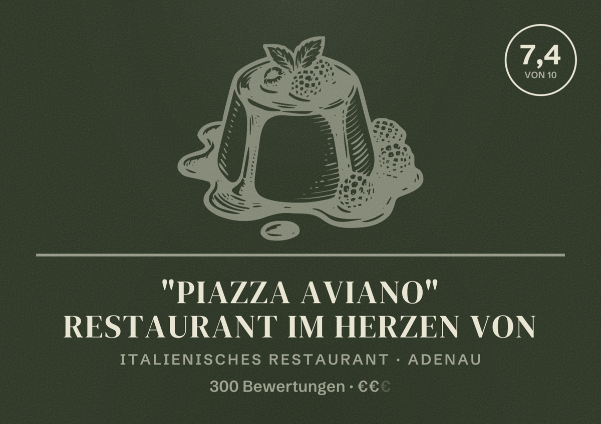 Illustriertes Poster von "Piazza Aviano" Restaurant im Herzen von, Italienisches Restaurant in Adenau: Bewertung 7,4 von 10 aus 300 Bewertungen, Preisniveau €€