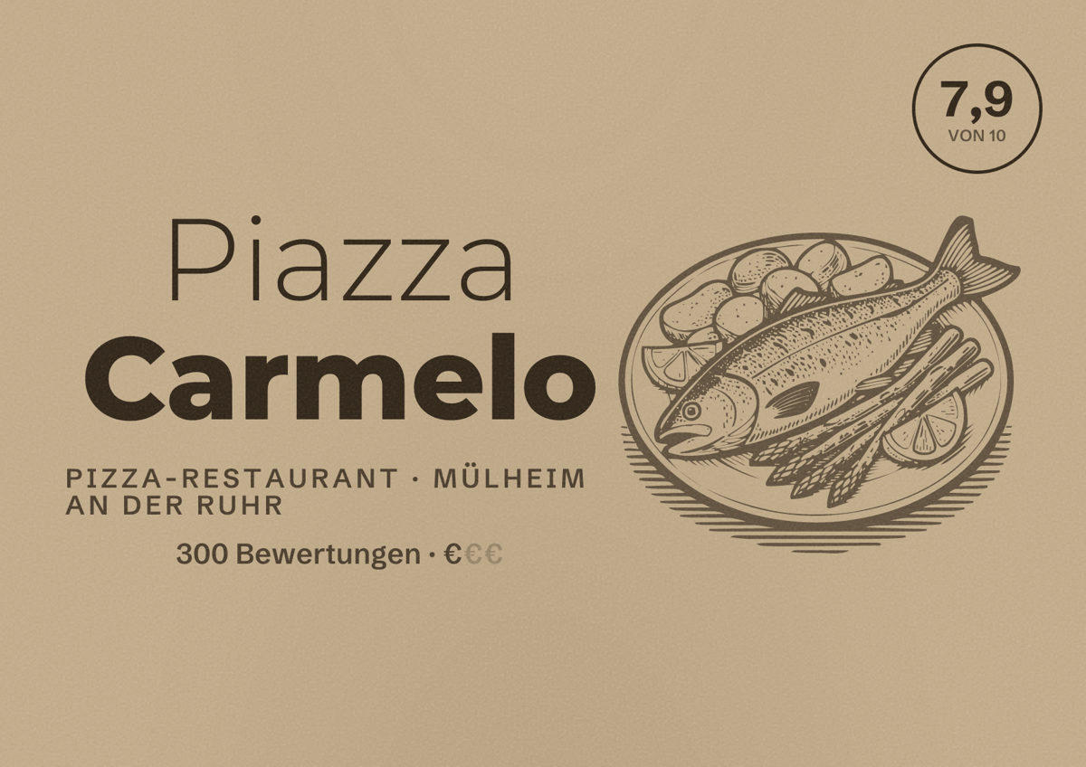 Illustriertes Poster von Piazza Carmelo, Pizza-Restaurant in Mülheim an der Ruhr: Bewertung 7,9 von 10 aus 300 Bewertungen, Preisniveau €