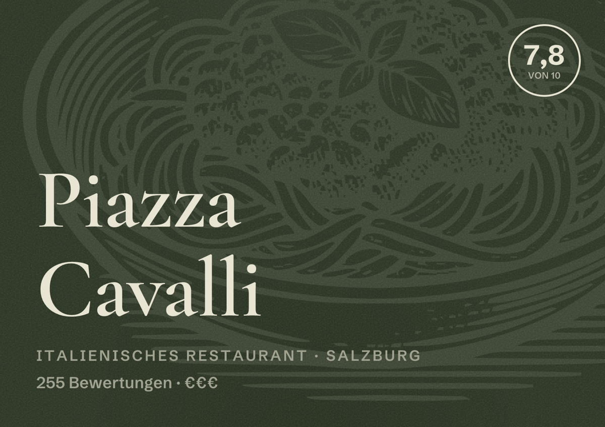 Illustriertes Poster von Piazza Cavalli, Italienisches Restaurant in Salzburg: Bewertung 7,8 von 10 aus 255 Bewertungen, Preisniveau €€€