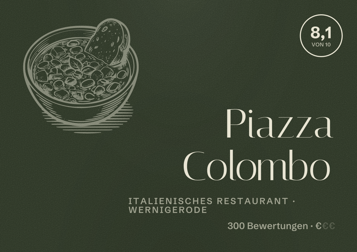 Illustriertes Poster von Piazza Colombo, Italienisches Restaurant in Wernigerode: Bewertung 8,1 von 10 aus 300 Bewertungen, Preisniveau €