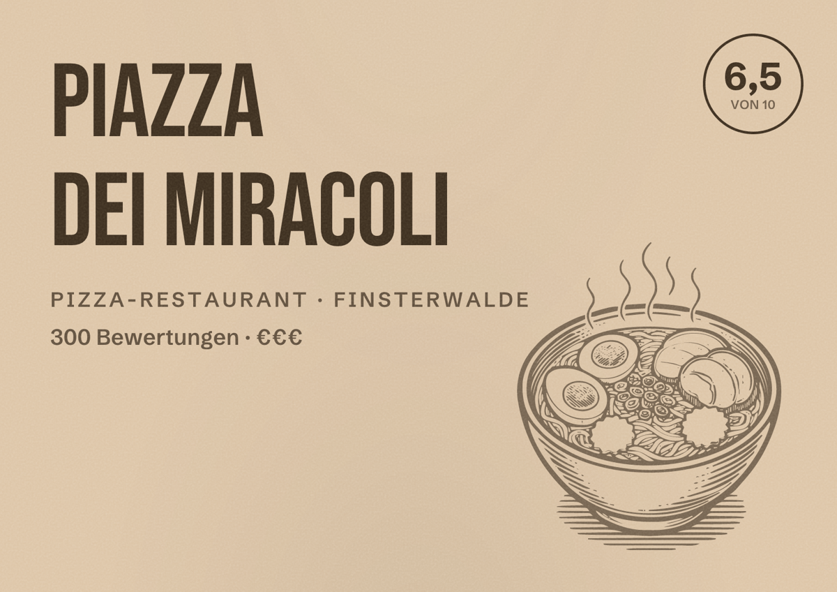 Illustriertes Poster von Piazza dei Miracoli, Pizza-Restaurant in Finsterwalde: Bewertung 6,5 von 10 aus 300 Bewertungen, Preisniveau €€€