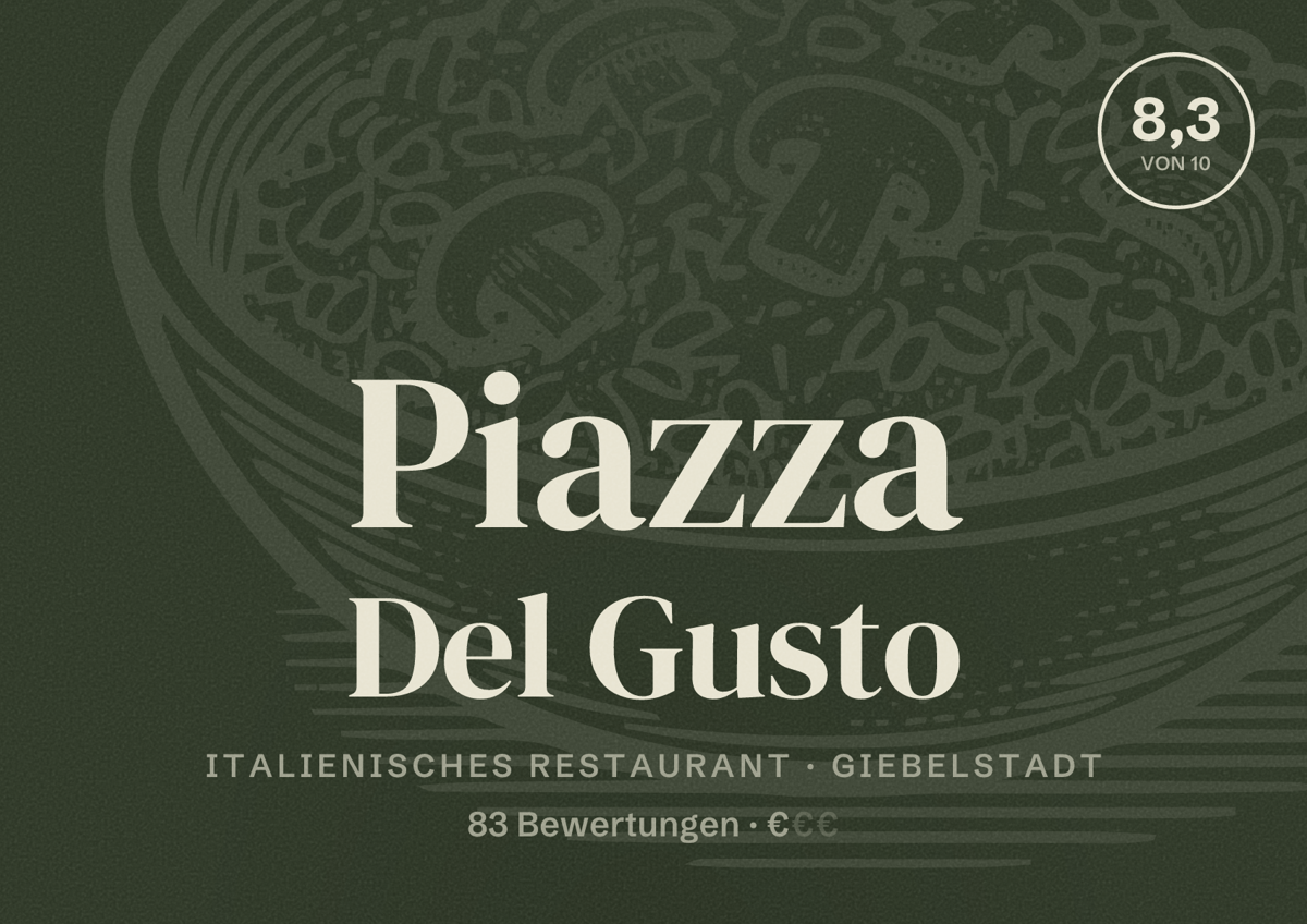 Illustriertes Poster von Piazza Del Gusto, Italienisches Restaurant in Giebelstadt: Bewertung 8,3 von 10 aus 83 Bewertungen, Preisniveau €