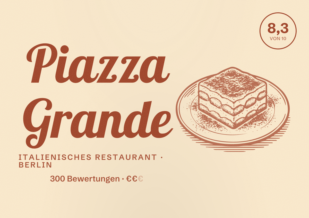 Illustriertes Poster von Piazza Grande, Italienisches Restaurant in Berlin: Bewertung 8,3 von 10 aus 300 Bewertungen, Preisniveau €€