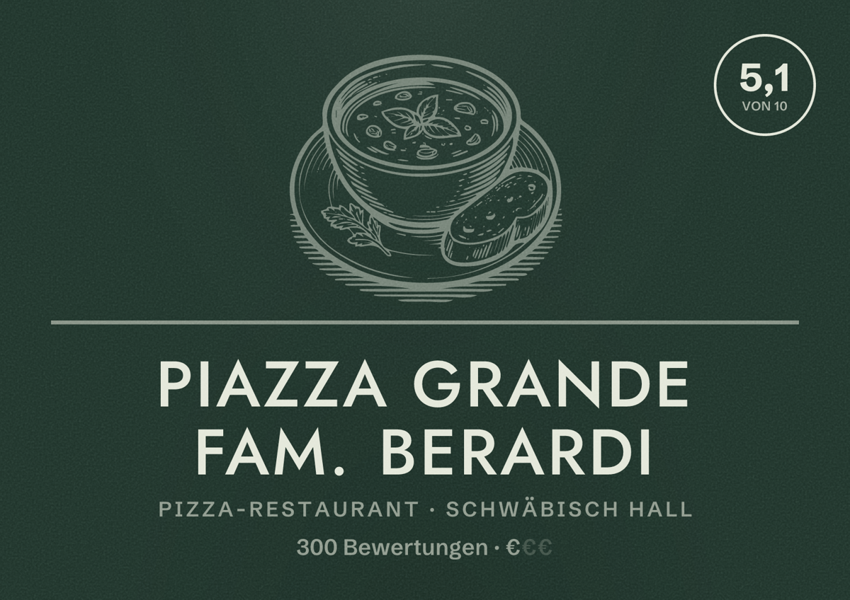Illustriertes Poster von Piazza Grande Fam. Berardi, Pizza-Restaurant in Schwäbisch Hall: Bewertung 5,1 von 10 aus 300 Bewertungen, Preisniveau €