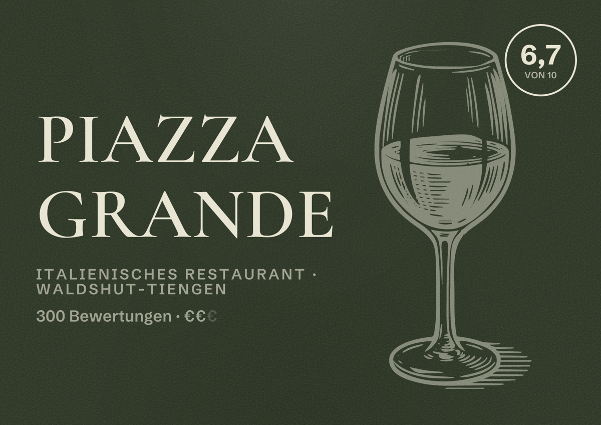 Illustriertes Poster von Piazza Grande, Italienisches Restaurant in Waldshut-Tiengen: Bewertung 6,7 von 10 aus 300 Bewertungen, Preisniveau €€