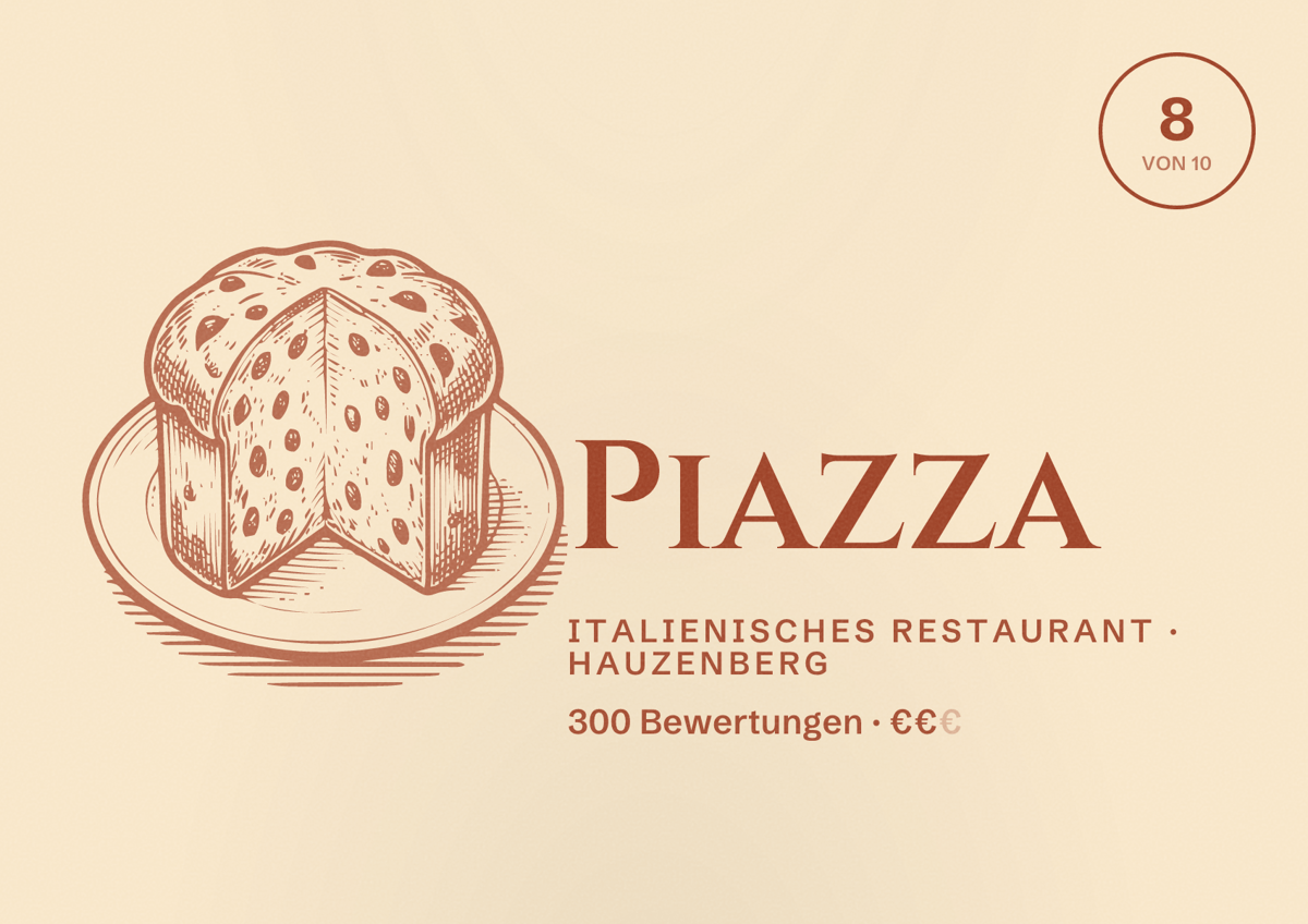 Illustriertes Poster von Piazza, Italienisches Restaurant in Hauzenberg: Bewertung 8 von 10 aus 300 Bewertungen, Preisniveau €€