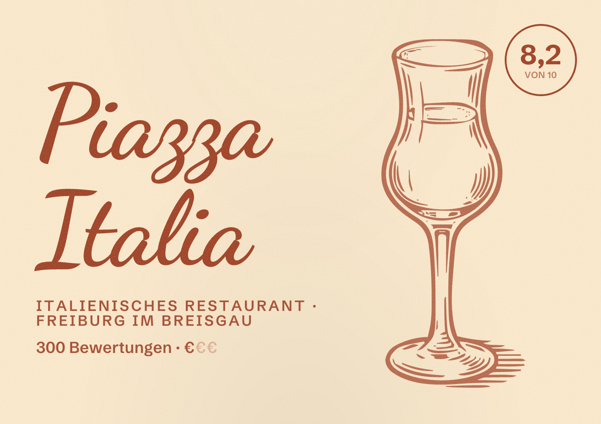 Illustriertes Poster von Piazza Italia, Italienisches Restaurant in Freiburg im Breisgau: Bewertung 8,2 von 10 aus 300 Bewertungen, Preisniveau €
