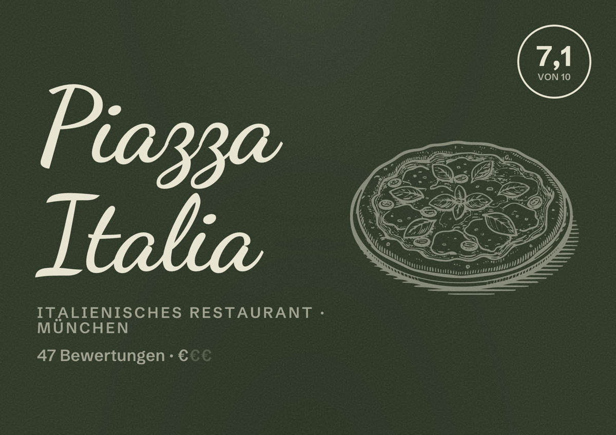 Illustriertes Poster von Piazza Italia, Italienisches Restaurant in München: Bewertung 7,1 von 10 aus 47 Bewertungen, Preisniveau €