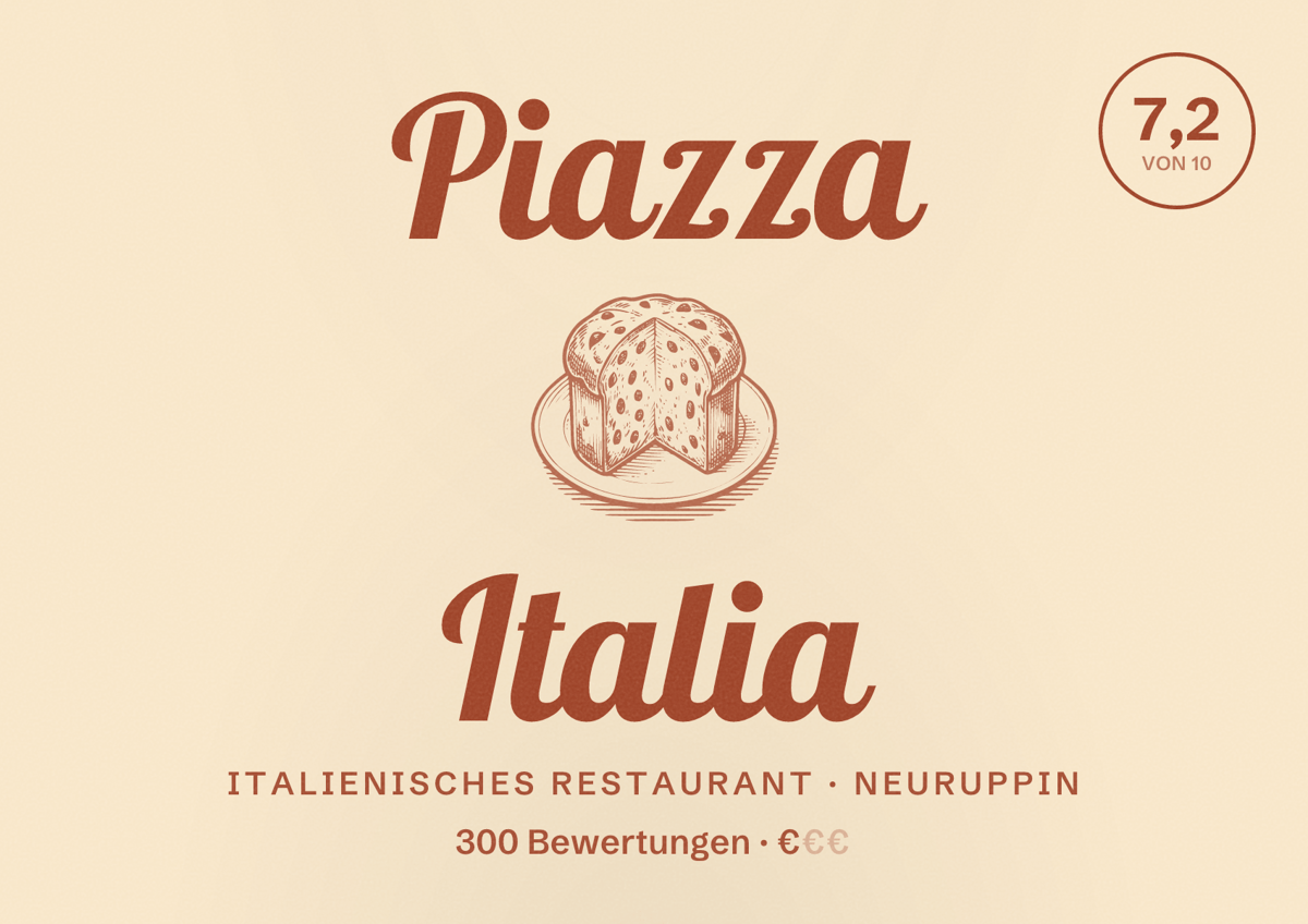 Illustriertes Poster von Piazza Italia, Italienisches Restaurant in Neuruppin: Bewertung 7,2 von 10 aus 300 Bewertungen, Preisniveau €