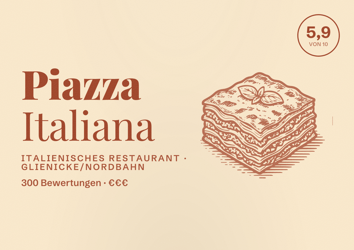 Illustriertes Poster von Piazza Italiana, Italienisches Restaurant in Glienicke/Nordbahn: Bewertung 5,9 von 10 aus 300 Bewertungen, Preisniveau €€€