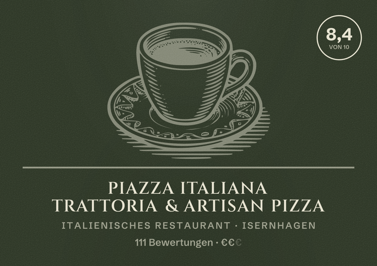 Illustriertes Poster von Piazza Italiana Trattoria & Artisan Pizza, Italienisches Restaurant in Isernhagen: Bewertung 8,4 von 10 aus 111 Bewertungen, Preisniveau €€
