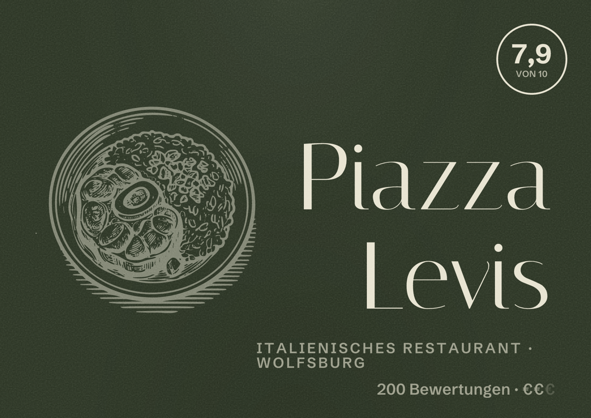 Illustriertes Poster von Piazza Levis, Italienisches Restaurant in Wolfsburg: Bewertung 7,9 von 10 aus 200 Bewertungen, Preisniveau €€