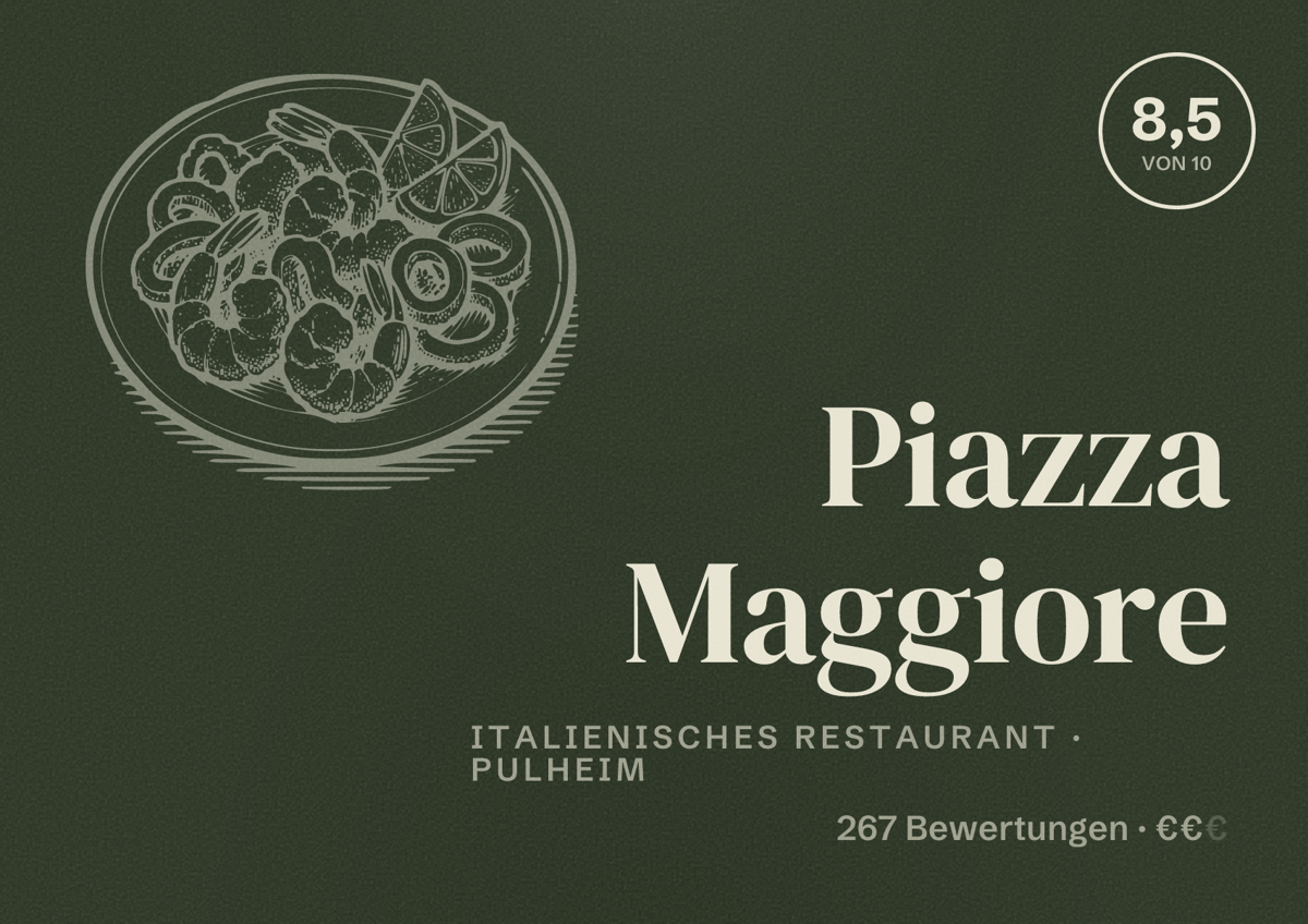 Illustriertes Poster von Piazza Maggiore, Italienisches Restaurant in Pulheim: Bewertung 8,5 von 10 aus 267 Bewertungen, Preisniveau €€