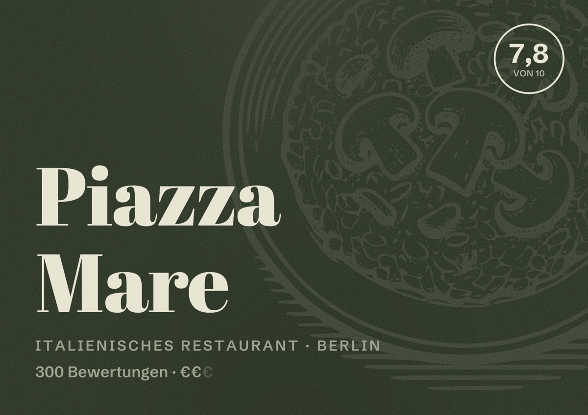 Illustriertes Poster von Piazza Mare, Italienisches Restaurant in Berlin: Bewertung 7,8 von 10 aus 300 Bewertungen, Preisniveau €€