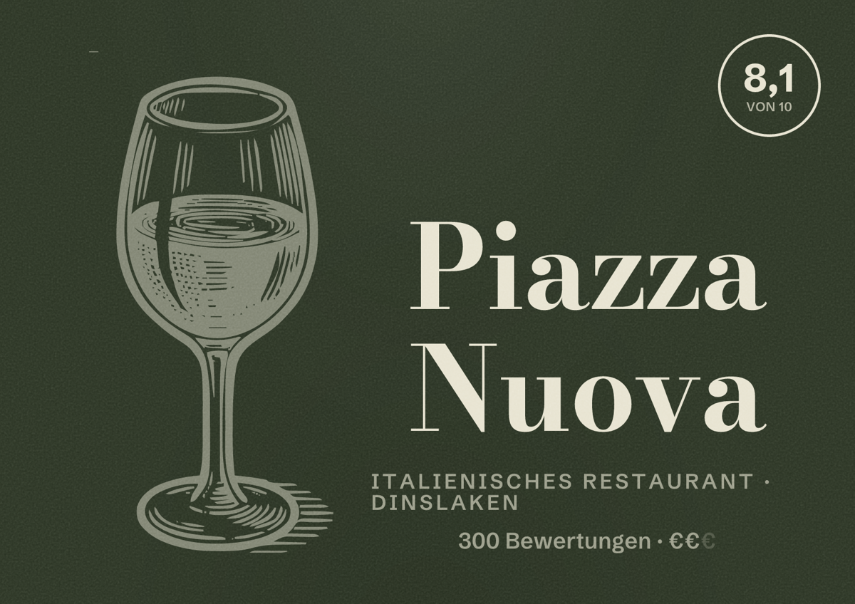 Illustriertes Poster von Piazza Nuova, Italienisches Restaurant in Dinslaken: Bewertung 8,1 von 10 aus 300 Bewertungen, Preisniveau €€