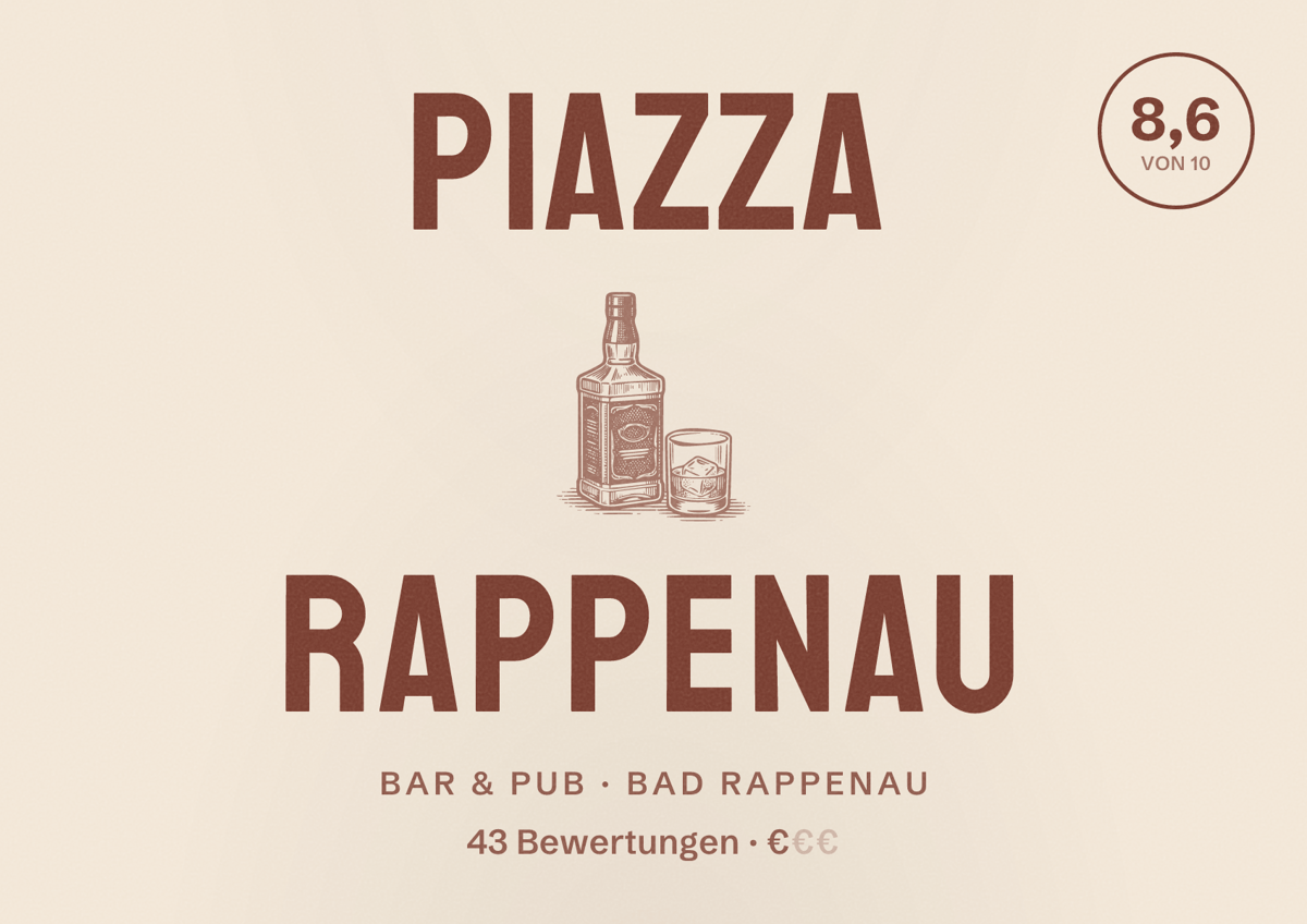 Illustriertes Poster von Piazza Rappenau, Bar & Pub in Bad Rappenau: Bewertung 8,6 von 10 aus 43 Bewertungen, Preisniveau €