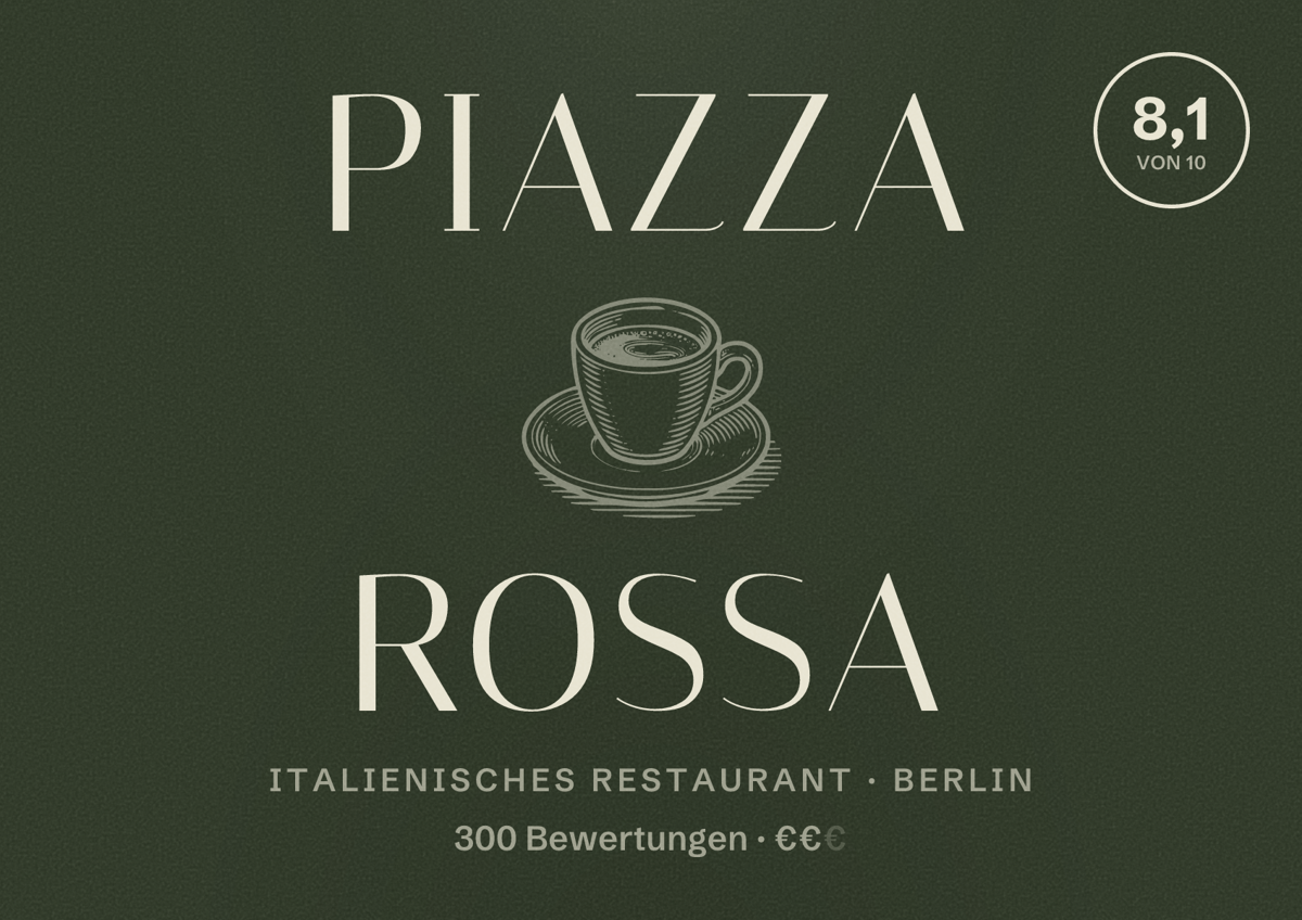 Illustriertes Poster von Piazza Rossa, Italienisches Restaurant in Berlin: Bewertung 8,1 von 10 aus 300 Bewertungen, Preisniveau €€