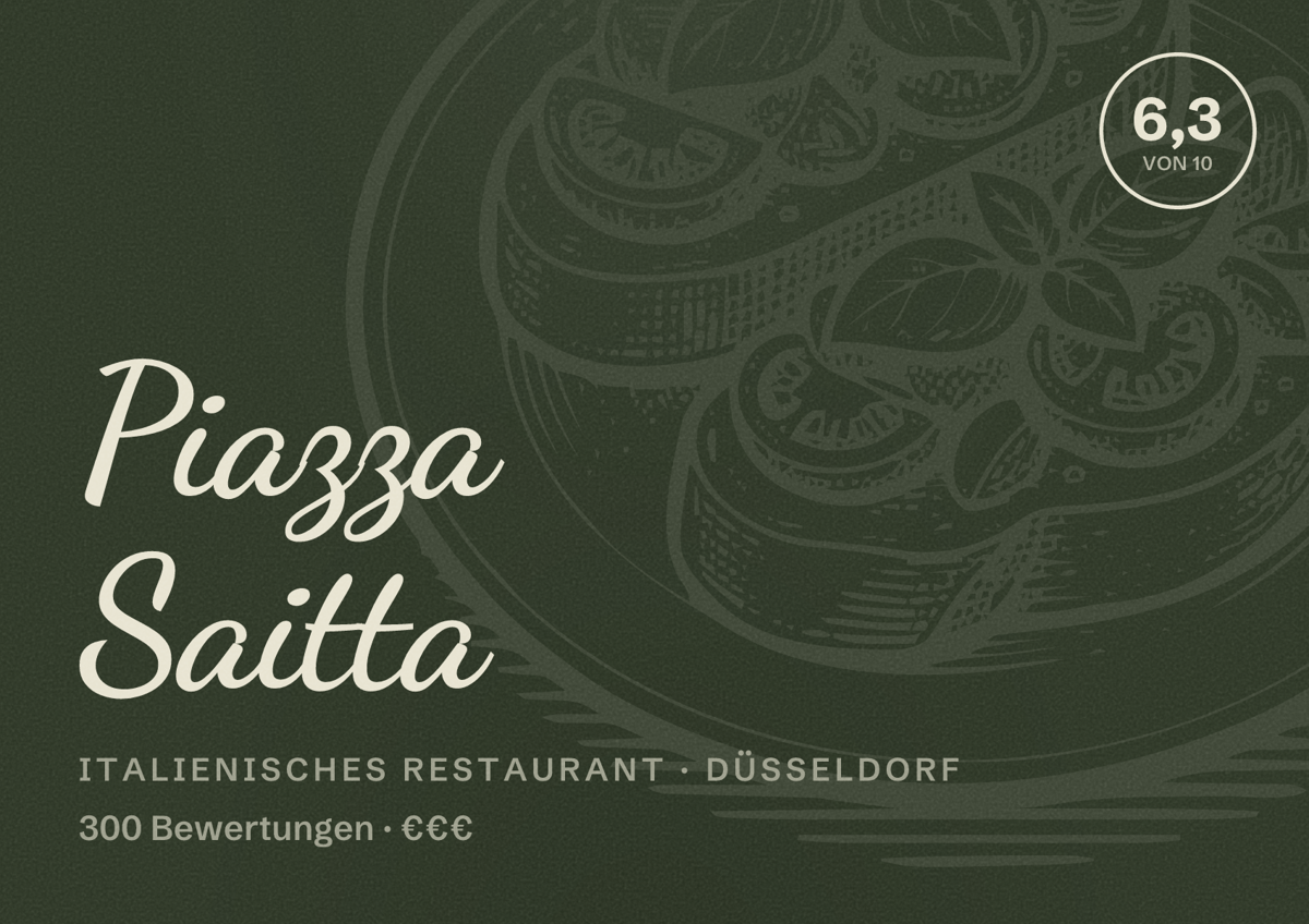 Illustriertes Poster von Piazza Saitta, Italienisches Restaurant in Düsseldorf: Bewertung 6,3 von 10 aus 300 Bewertungen, Preisniveau €€€