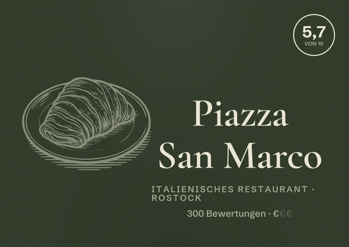 Illustriertes Poster von Piazza San Marco, Italienisches Restaurant in Rostock: Bewertung 5,7 von 10 aus 300 Bewertungen, Preisniveau €