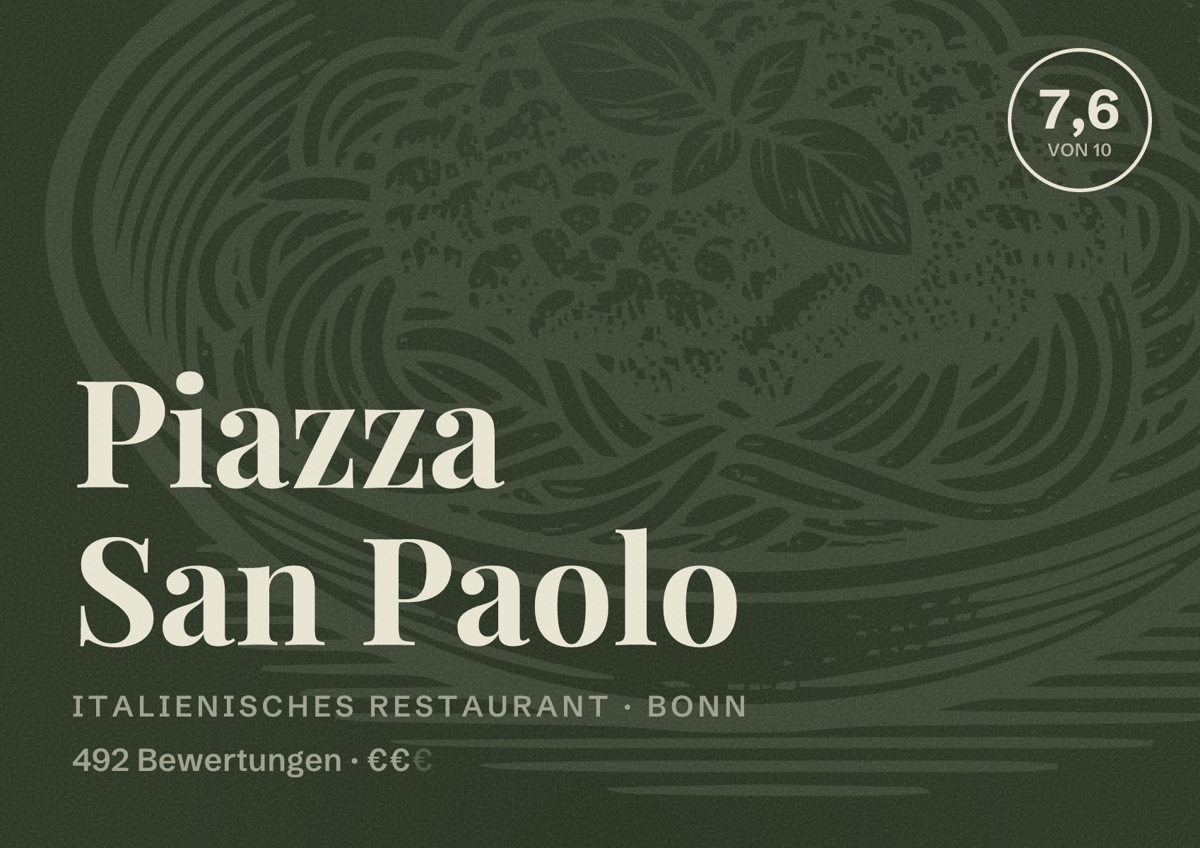 Illustriertes Poster von Piazza San Paolo, Italienisches Restaurant in Bonn: Bewertung 7,6 von 10 aus 492 Bewertungen, Preisniveau €€