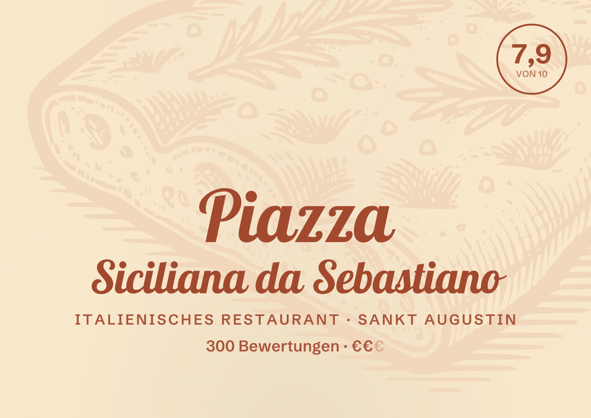 Illustriertes Poster von Piazza Siciliana da Sebastiano, Italienisches Restaurant in Sankt Augustin: Bewertung 7,9 von 10 aus 300 Bewertungen, Preisniveau €€