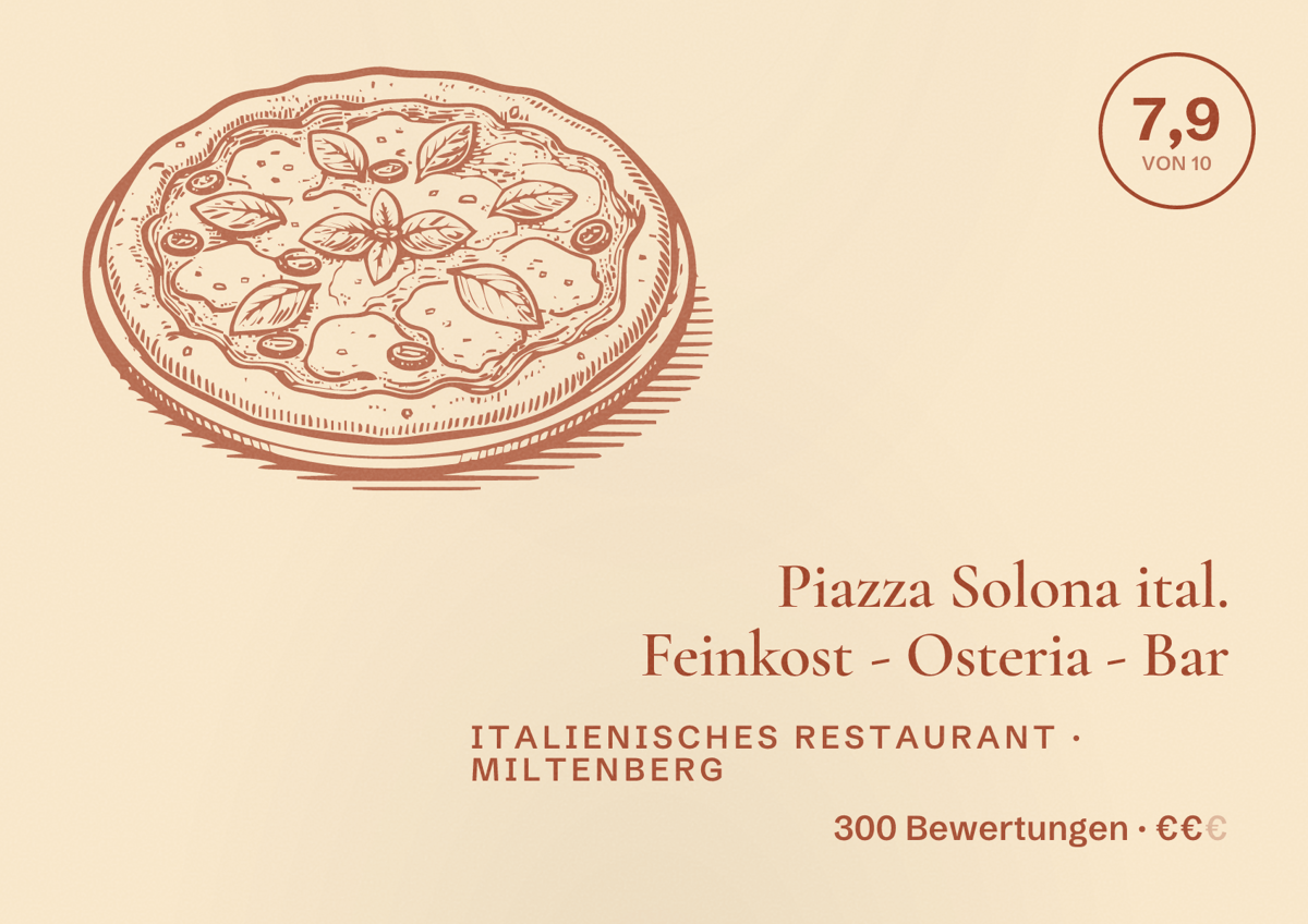 Illustriertes Poster von Piazza Solona ital. Feinkost - Osteria - Bar, Italienisches Restaurant in Miltenberg: Bewertung 7,9 von 10 aus 300 Bewertungen, Preisniveau €€